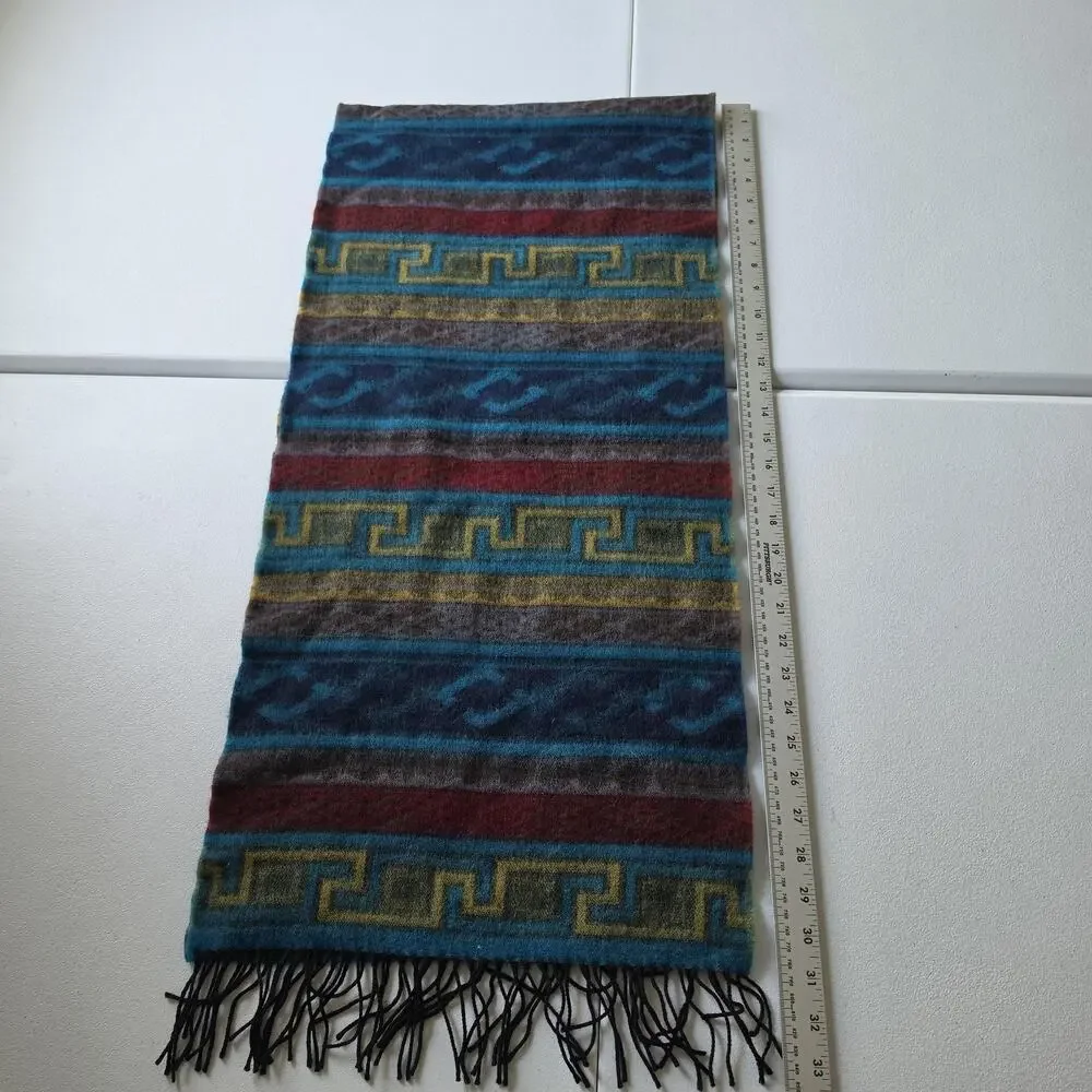 Geometric Merino Wool Scarf Mens One Size Multicolor Fringe Made In Germany